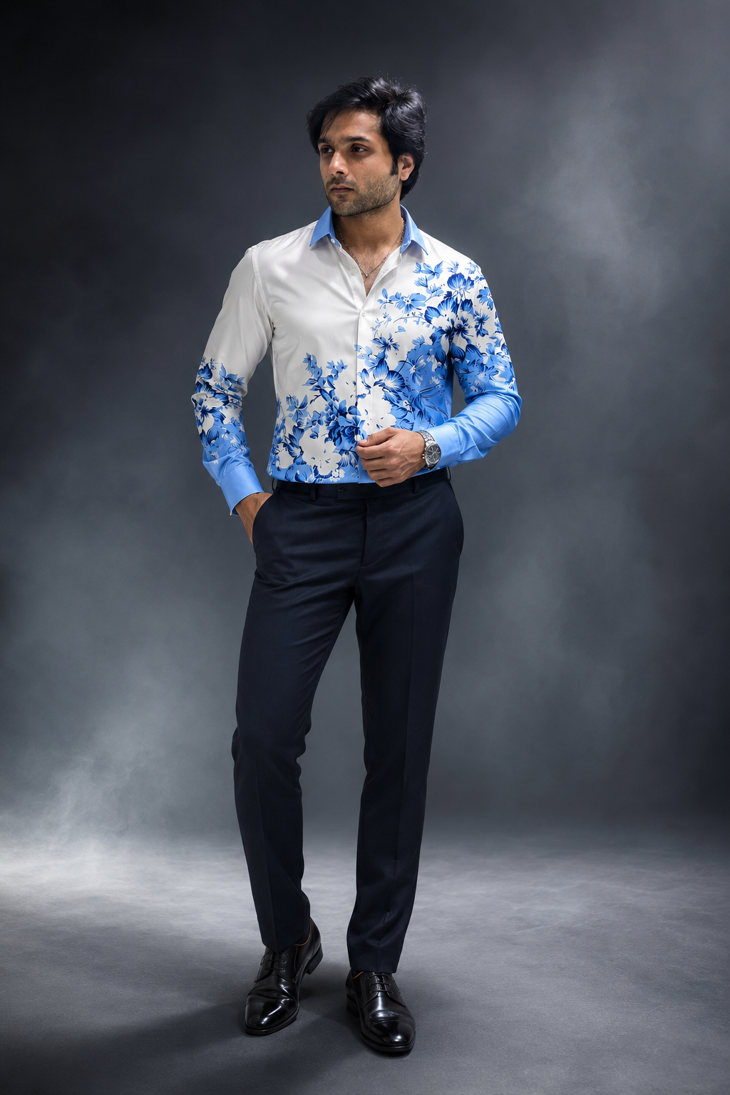 White Blue Floral Designer Shirt