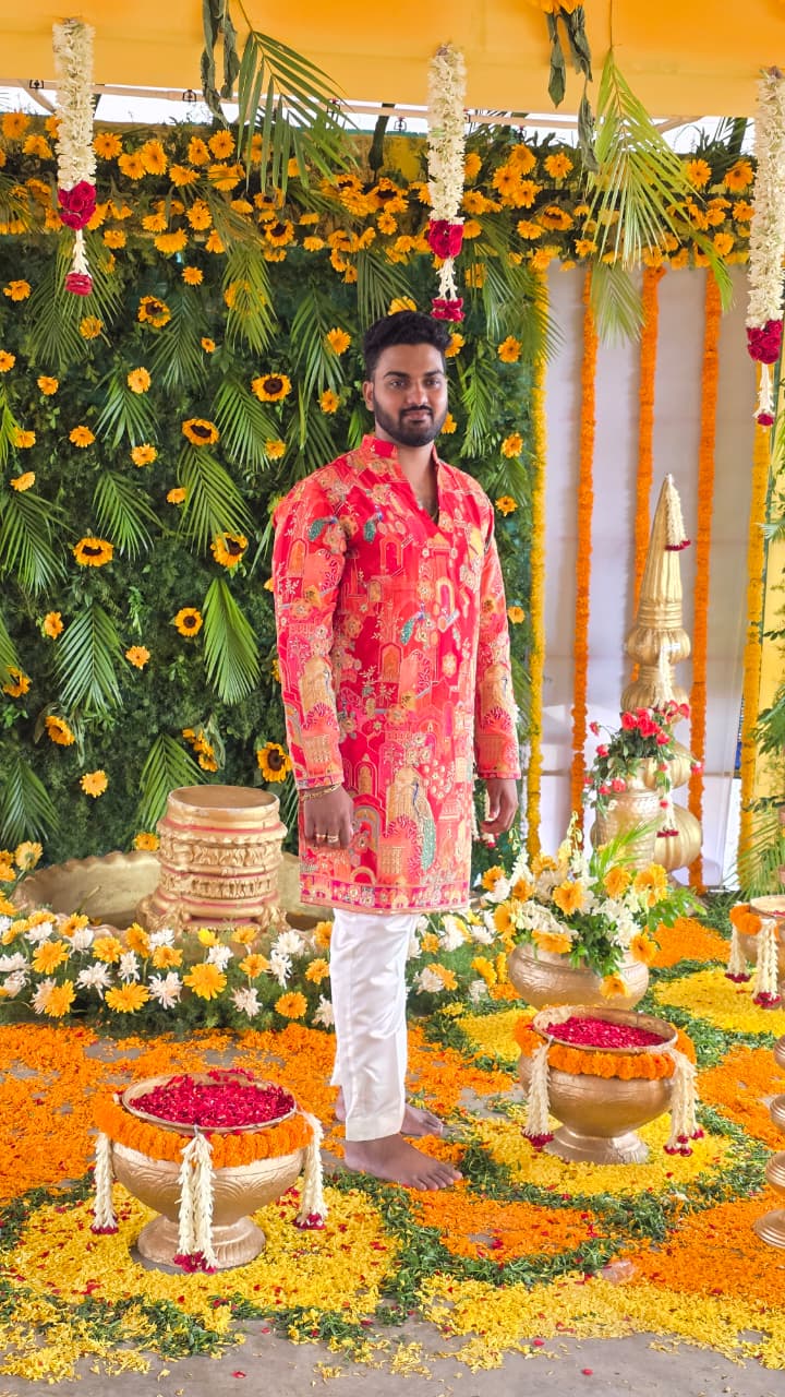 Red Intricate Print with aari outline work Silk Kurta